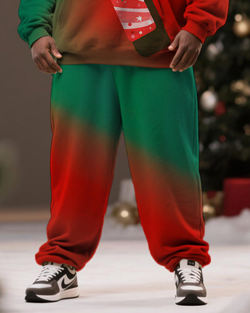 Big & Tall Men's Christmas Red Green Gradient Candy Print Hoodie Suit - Image 3