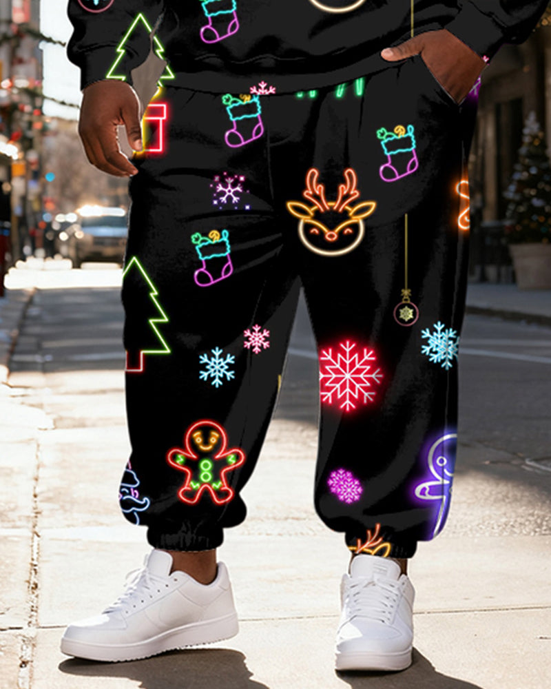 Big & Tall Men's Black Neon Christmas Print Hoodie Set - Image 3