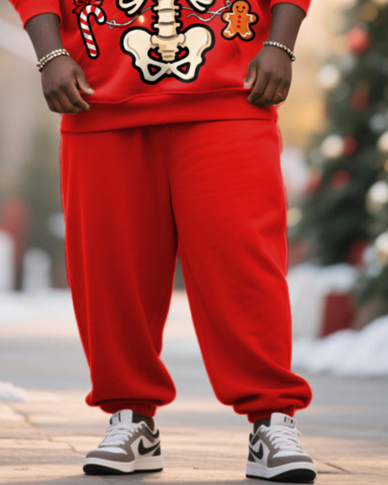 Big & Tall Men's Red Christmas Decoration Skull Skeleton Printed Hoodie Set - Image 3