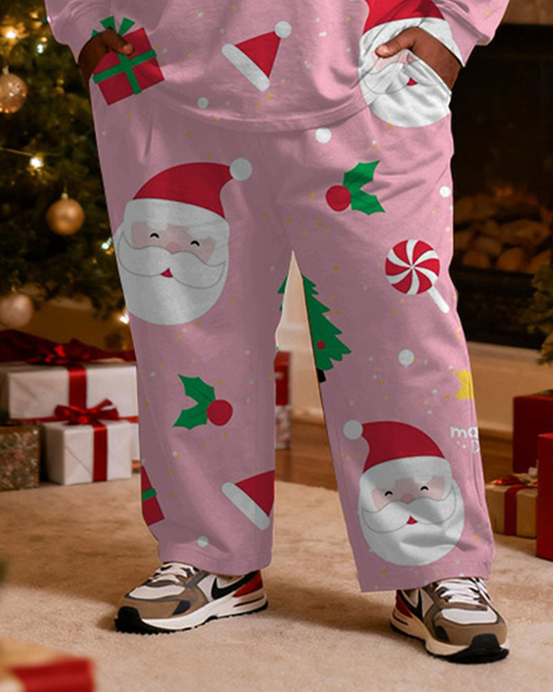 Big & Tall Men's Santa Claus Cartoon Pink Printed Long Sleeve T-Shirt Pants Set - Image 3