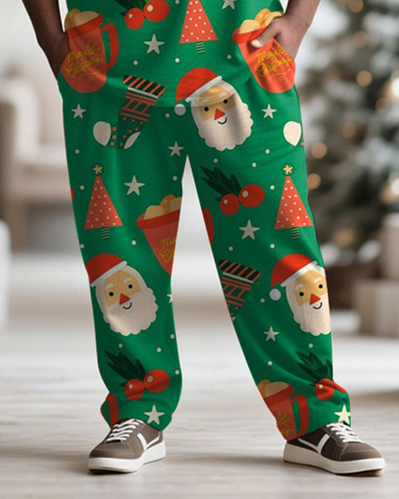 Big & Tall Men's Santa Claus Cartoon Green Print Long Sleeve T-Shirt Pants Set - Image 3
